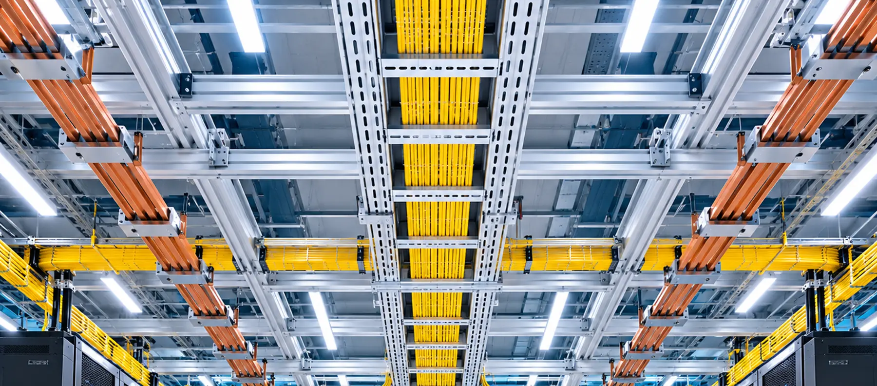 Cable trays and cooling infrastructure above a data hall