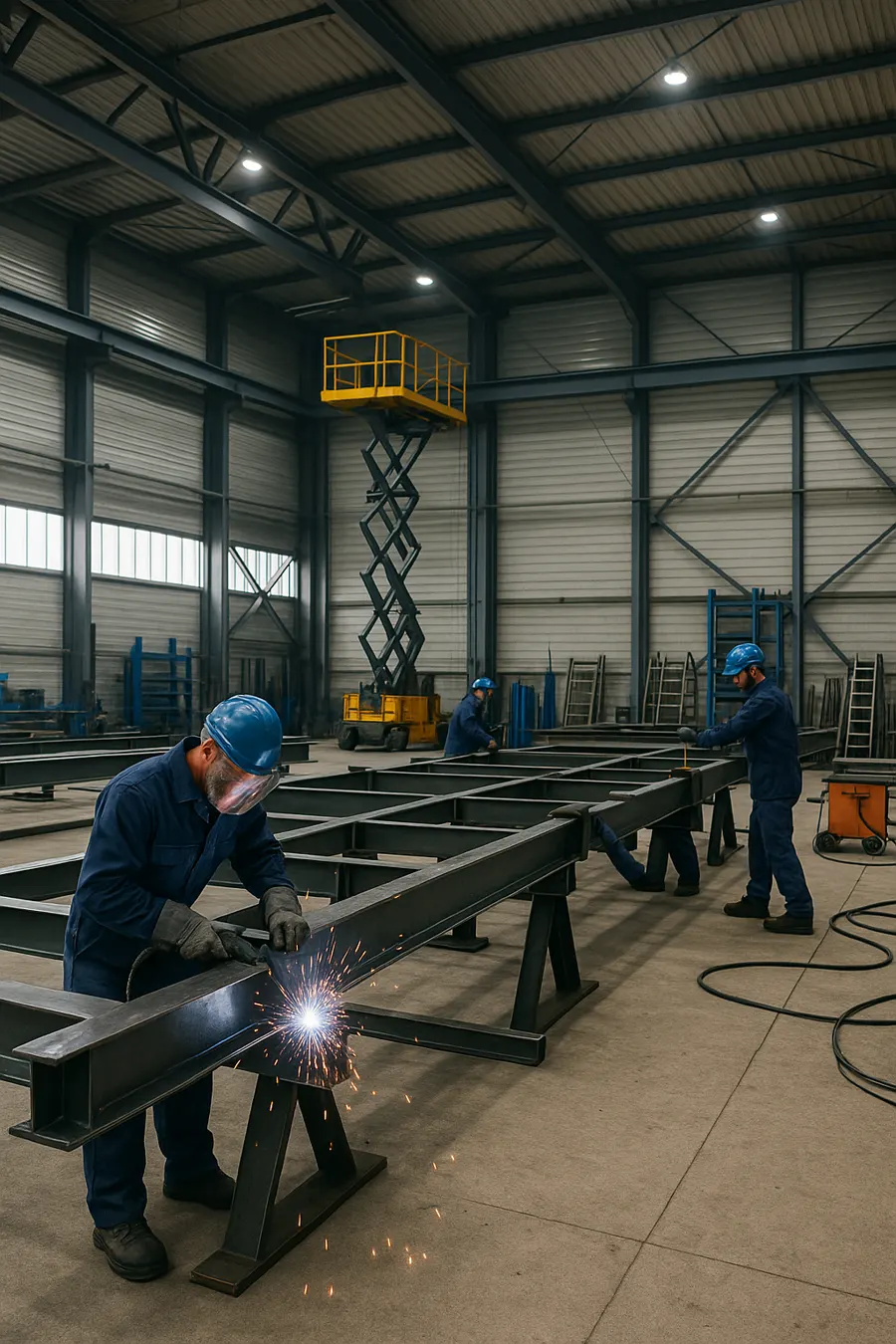 Welder fabricating a structural steel skid in a workshop