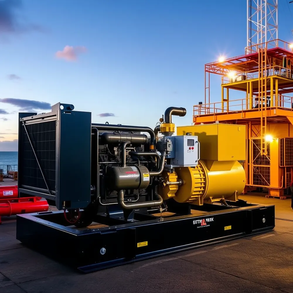Skid-mounted generator set on an offshore-style platform at dusk